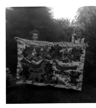 Blanche and Otha McDonald with work in progress, note the peacocks, unusual subject and backing. Prior to 1975