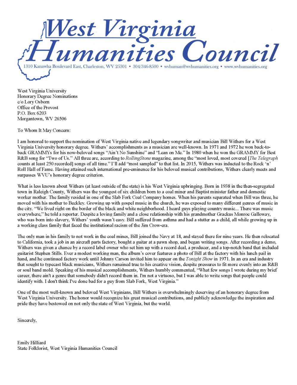 BillWithersLetterofSupportLetterhead