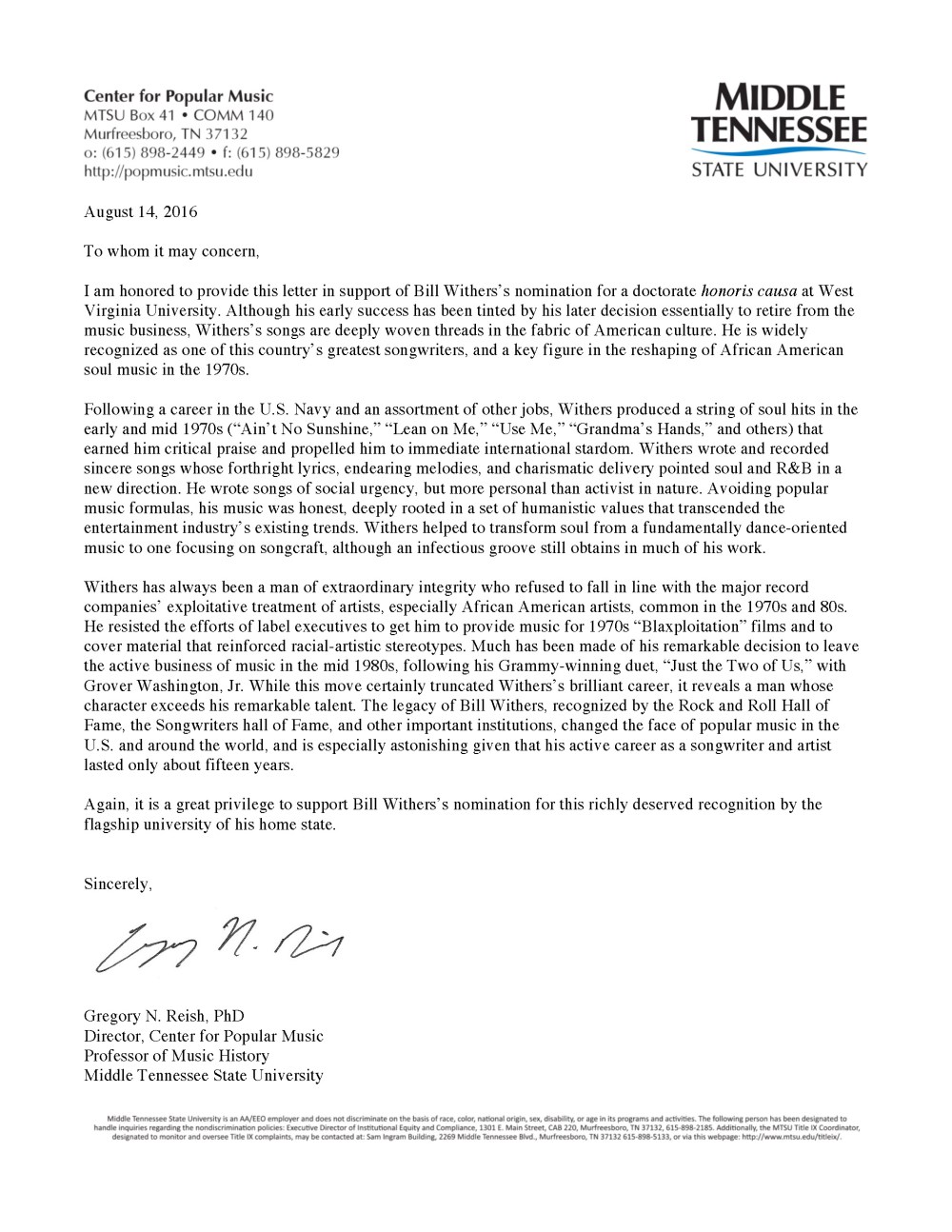 Reish - Bill Withers nom letter 8-16