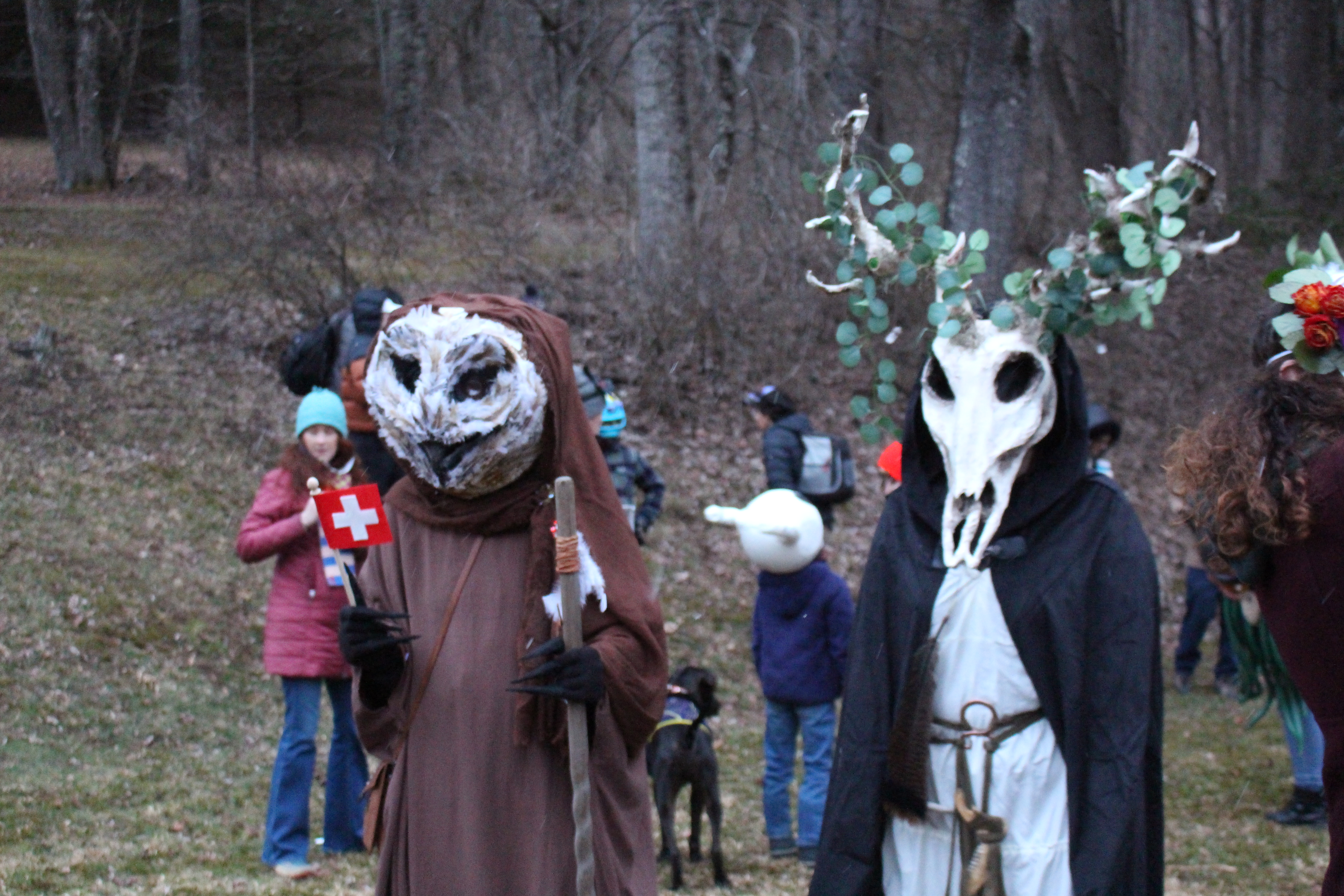 People gather outdoors for the costume contest during Fasnacht. This photo is of two people. One is wearing an owl costume and holding a small Swiss flag. The other is wearing a deer head skull mask.